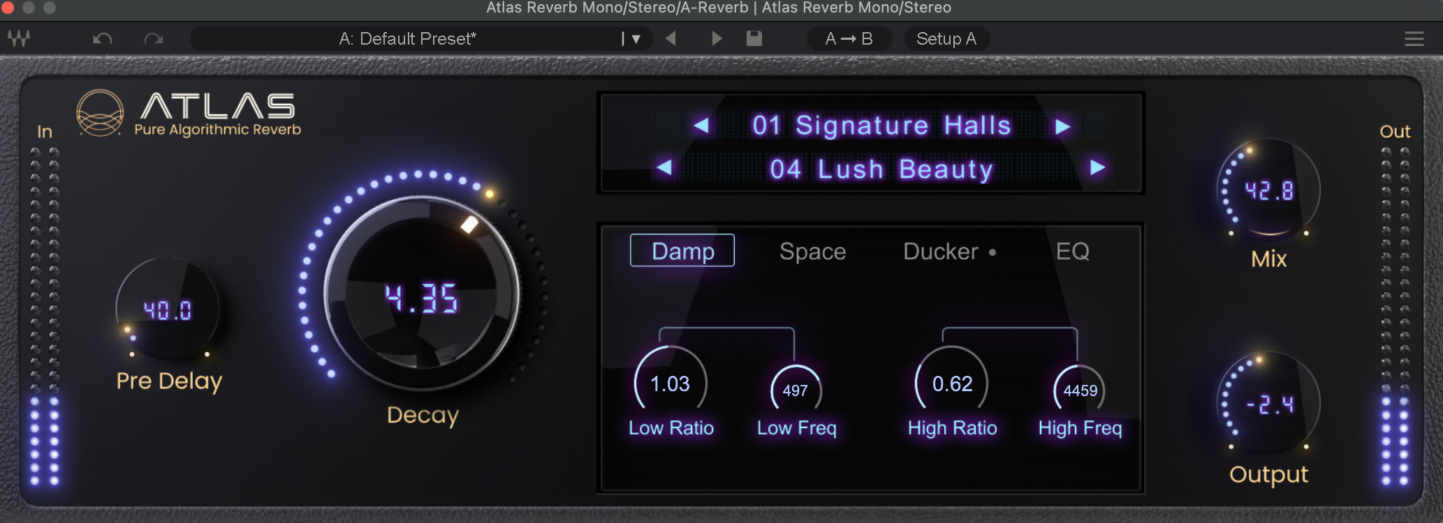 Waves Atlas Reverb plugin interface showing Signature Halls — Lush Beauty Hall program with Damp controls active, Decay at 4.35 seconds